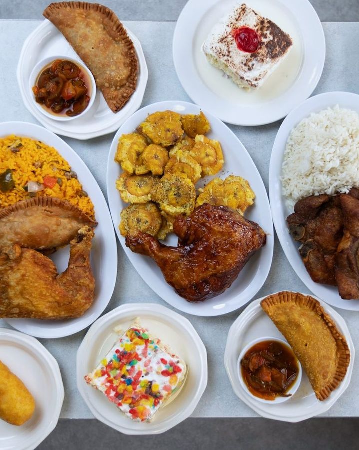 Overhead spread of Latin American dishes