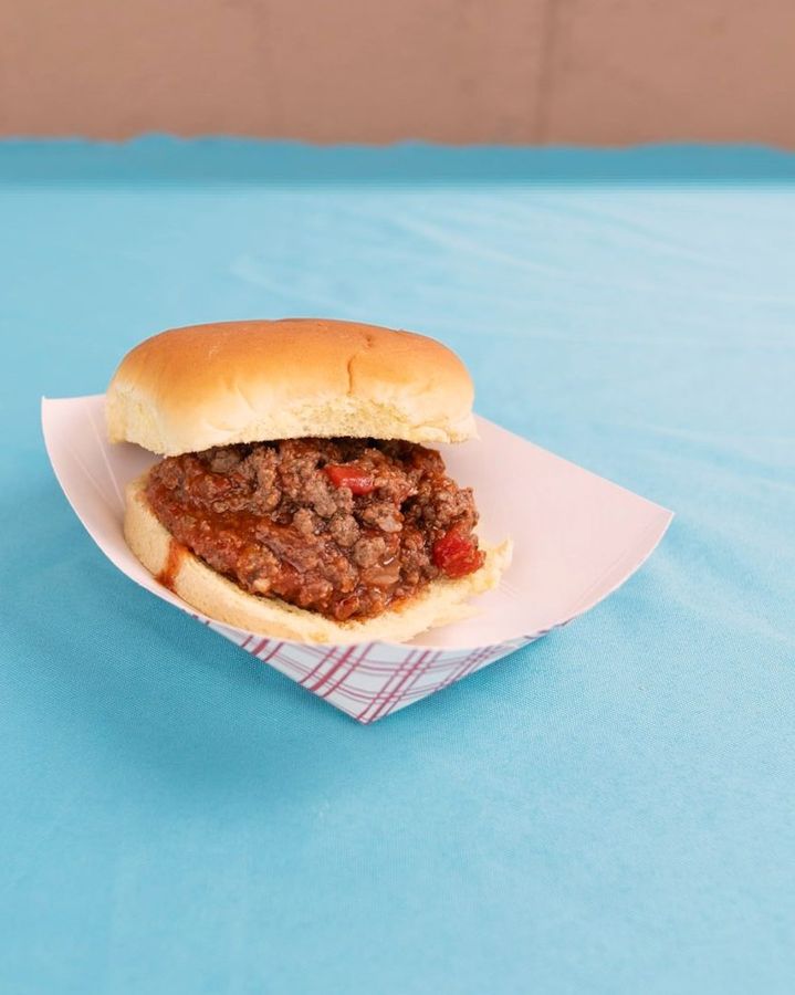 Sloppy joe sandwich in a paper tray