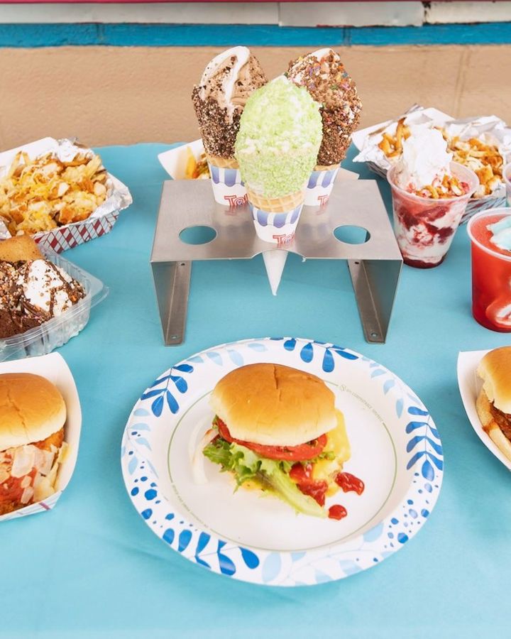 Spread of sundaes, cones, burgers and sandwiches